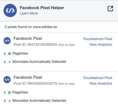 herramientas de Facebook - pixel helper